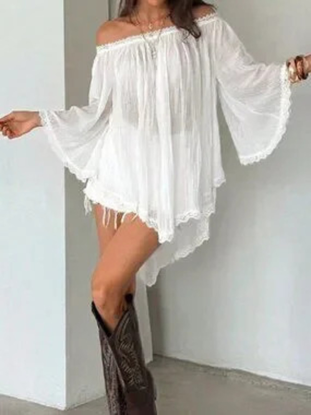 ZARA White Boho Women's Y2K Sheer Off-Shoulder Festival Top